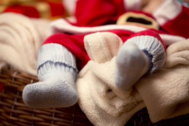 Bebek mavi yün yalan closeup çorap. Noel kavramı