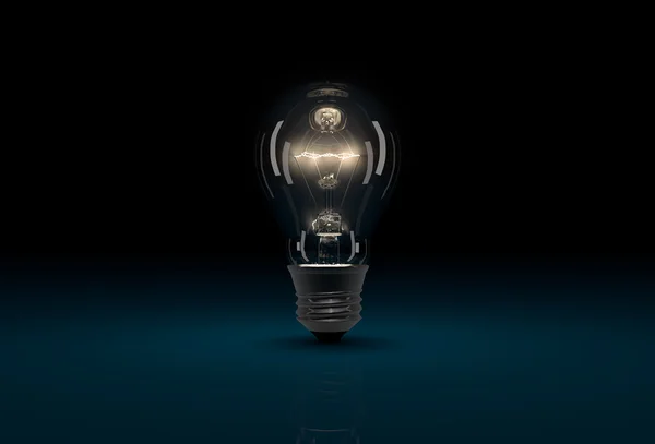 3D glühende Glühbirne auf dunkelblauem Hintergrund — Stockfoto