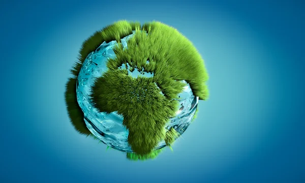 3D-beeld van Earth globe gemaakt van water en gras groeien op outli — Stockfoto