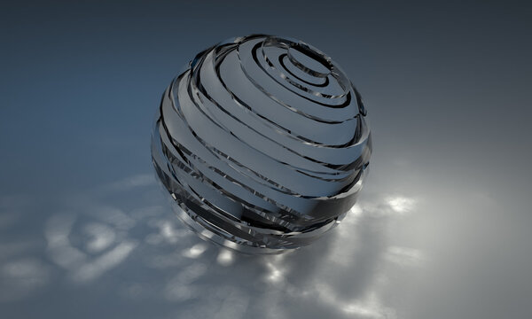 Closeup of crystal ball refracting light on blue background