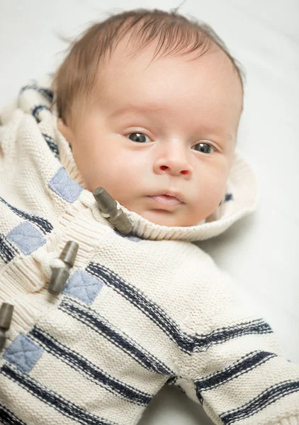 Portrait of newborn baby boy in wool sweater — Stock Photo, Image