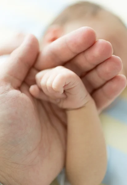 Närbild av far hålla nyfödd baby hand. Bild med mjuk foc — Stockfoto