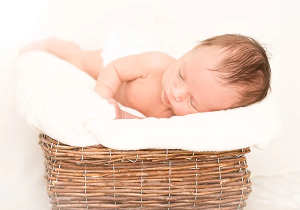 Niño recién nacido durmiendo en una vieja canasta de mimbre cubierta de blanke —  Fotos de Stock