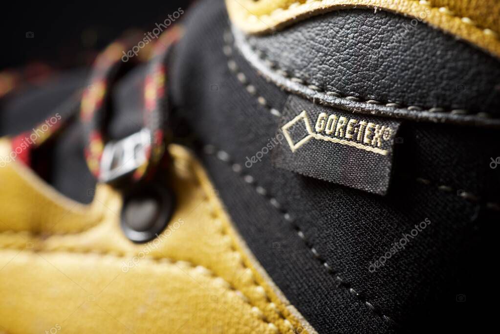 Zaragoza, Spain - October 21, 2021: Logo of the waterproof membrane, known as Goretex, on a hiking boot.