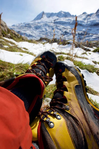 Close up of hiking boots in Canfranc Valley, Pyrenees in Huesca province, Aragon in Spain.