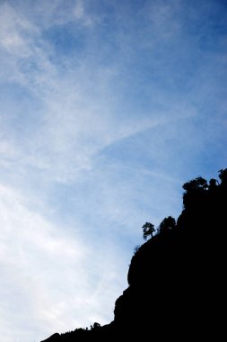 Canfranc Vadisi 'ndeki bazı ağaçların silueti, Huesca ili, Pireneler, İspanya Aragon.