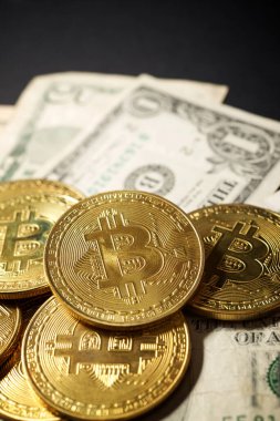 Bir dolarlık banknotlardaki bitcoinler.