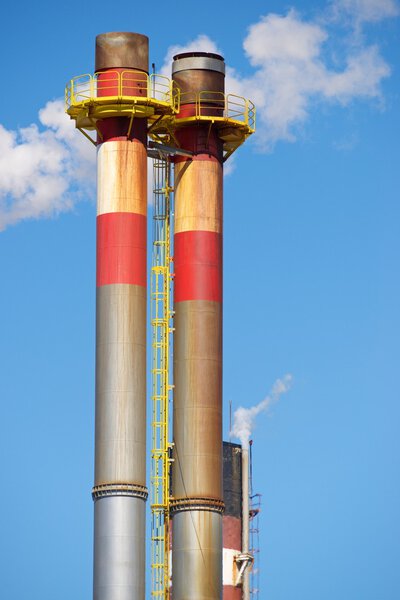 Smokestacks in a paper mill, Zaragoza Province, Spain.