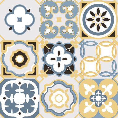 Klasik dikişsiz fayans deseni. Fas, Hint, Arap, Türk motifleri. Azulejo. Lizbon, Portekiz veya İspanyol mozaik mozaiği, Akdeniz dizaynı. vektör