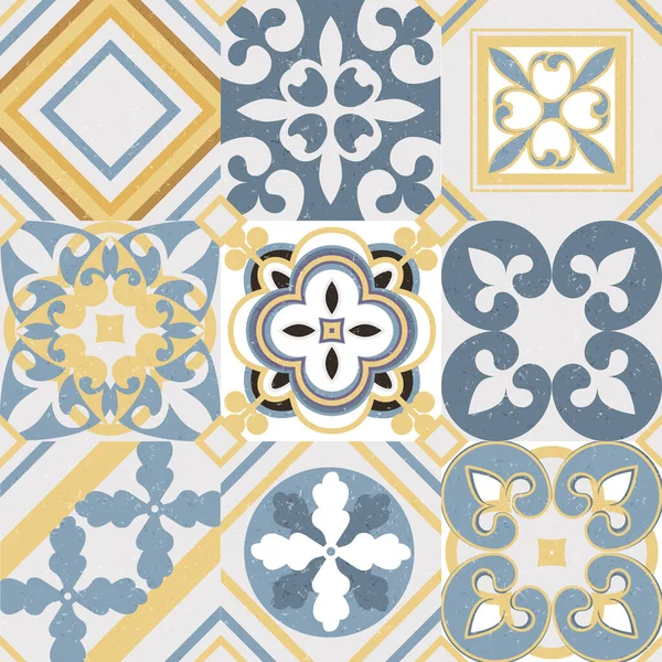Vintage bezszwowy wzór płytki.Maroko, indyjski, arabski, turecki motywy. Azulejo. Lizbońska, portugalska lub hiszpańska mozaika retro, śródziemnomorski design. wektor — Wektor stockowy