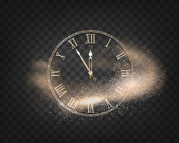 Reloj redondo de Año Nuevo con un efecto mágico sobre un fondo transparente. Polvo de oro, nube. Elemento para un fondo festivo. Feliz Año Nuevo. Vector — Archivo Imágenes Vectoriales