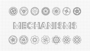 Makine mühendisliği çizimleri. Teknik çizim. Mekanizmalar. Çarklı düz makine dişli ikonu. Matematik eğitimi kavramı tipografi dizaynı. vektör