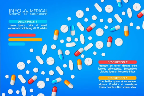 Pharmacologie résumé fond .capsules info graphique. Analgésiques, antibiotiques, vitamines, acides aminés, minéraux, additifs bioactifs, nutrition sportive. Médicament. Illustration médicale — Image vectorielle