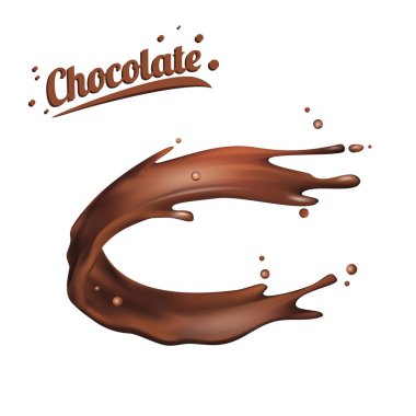 çikolata parçacıkları. Benekler 3D soyut gerçekçi çikolata damlası ve beyaz arka planda izole edilmiş sıçramalar. Reklam için element, paket tasarımı. vektör