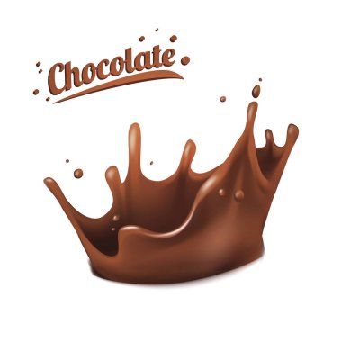 çikolata parçacıkları. Benekler 3D soyut gerçekçi çikolata damlası ve beyaz arka planda izole edilmiş sıçramalar. Reklam için element, paket tasarımı. vektör