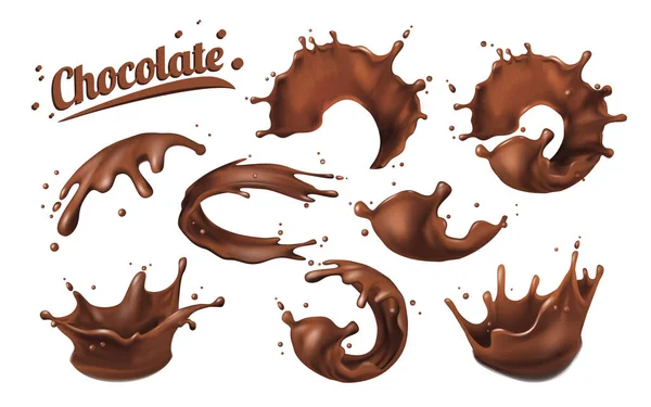 Wat spetters chocola. vlekken 3D.Abstract realistische chocolade druppel met spatten geïsoleerd op witte achtergrond.element voor reclame, pakket ontwerp. vector — Stockvector