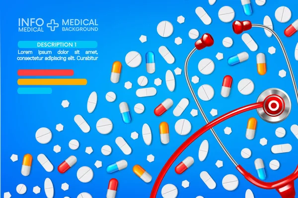 Concept design pour pharmacologie, pharmacie, médicine.capsules info graphic. Analgésiques, antibiotiques, vitamines, acides aminés, minéraux.Médicament avec stéthoscope rouge. — Image vectorielle