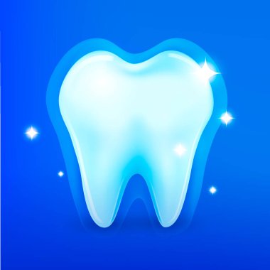 Gerçekçi Diş 3D, sağlıksızlığın bir göstergesi. Ağız bakımı, bakım koruması. Mavi arka planda parlak vektör dişi. İlaç, dişçilik,