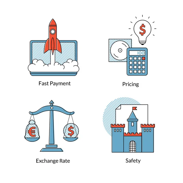 Set di icone della linea e-commerce, pagamento rapido, prezzi. sicurezza, valutazione . — Vettoriale Stock
