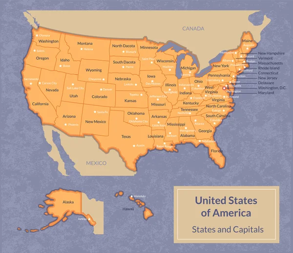 Karte der USA mit Bundesstaaten und ihren Hauptstädten — Stockvektor