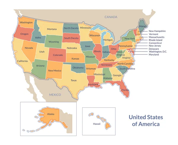 Politisk karta över Usa med staterna — Stock vektor