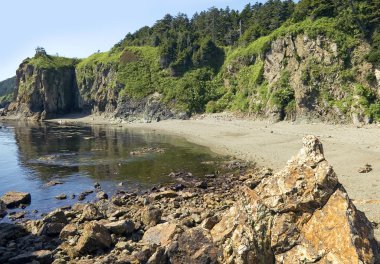Defne Cape dev, Sakhalin Adası'nda düşük tide