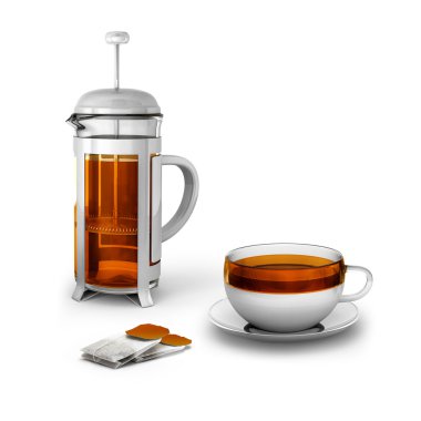 Siyah çay poşetleri Kupası ve kahve makinesi ile