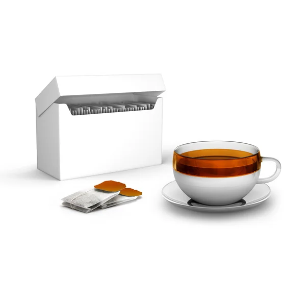 Black tea bags with cup with and tea box — Stock Photo, Image