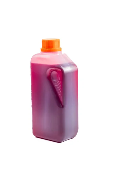 Studio Lighting Filmed White Background Plastic Canister Contains Pink Oil — Stock Photo, Image