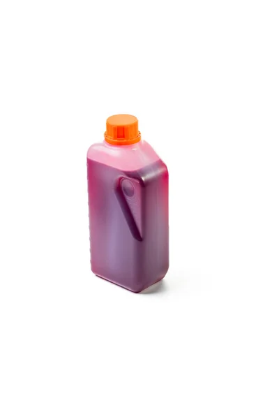 Studio Lighting Filmed White Background Plastic Canister Contains Pink Oil — Stock Photo, Image