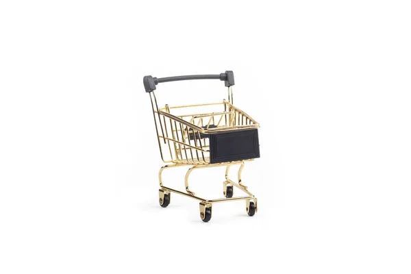 Studio Lighting Children Shopping Cart Made Yellow Metal Wheels Close — Stock Photo, Image