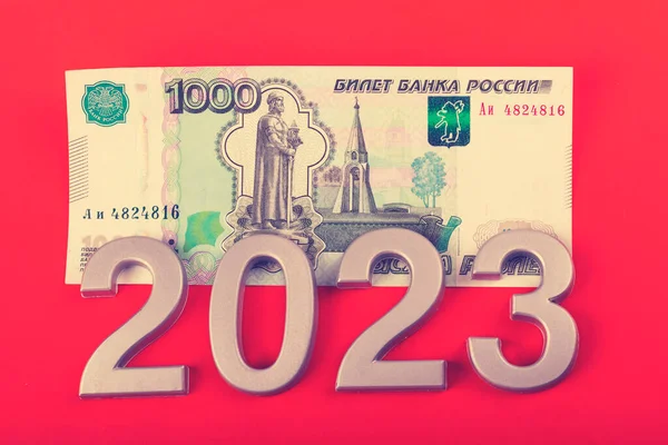 Close Black Background Numbers 2023 Bill 1000 Rubles Russia — Stock Photo, Image