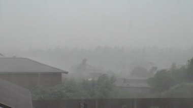 Pencereden bak. Doğal ışık. Güçlü rüzgar ve yağmur. Kasırga evleri ve ağaçları yok eder..