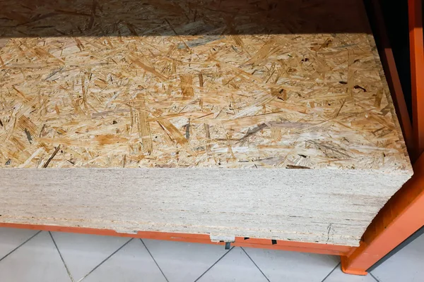 Large Store Shelf Wooden Slabs Made Pressed Sawdust Close — Foto de Stock