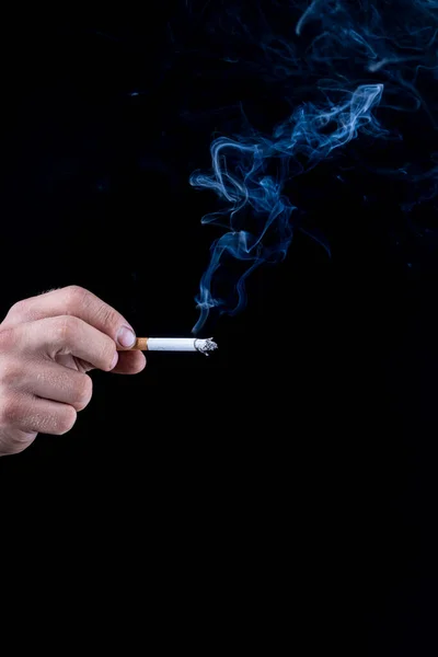 Black Background Hand Man Roughened Skin Holds Cigarette Blue Smoke — Stock Photo, Image