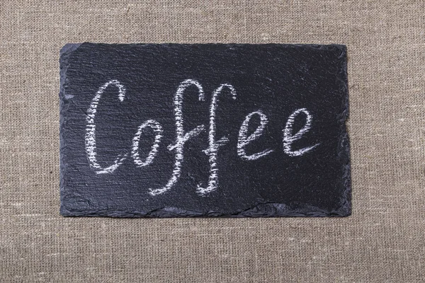 Coffee Inscription Black Stone White Chalk Taken Burlap Bag Next — Stock Photo, Image