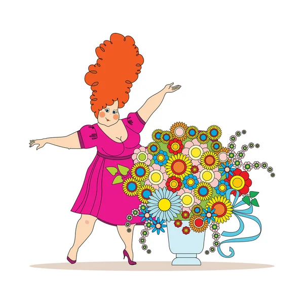 Mujer en vestido carmesí con ramo de flores — Vector de stock