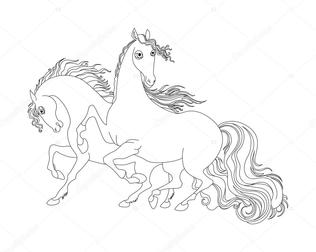 Due cavalli illustrazione in bianco e nero di isolato su priorit  bassa bianca Pagina da colorare — Vettoriali di may yul Trova immagini simili