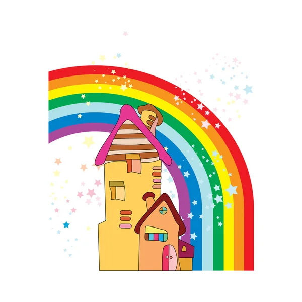 Haus Meines Traums Kleines Haus Cartoon Stil Mit Regenbogen Und — Stockvektor