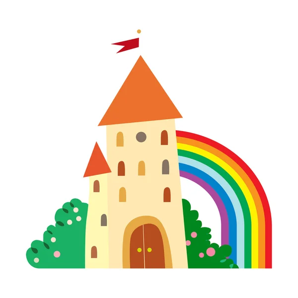 Fairytale castle with fruit trees and a rainbow. — Stock Vector