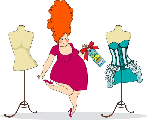 Jolie femme dodue dans un magasin de vêtements — Image vectorielle
