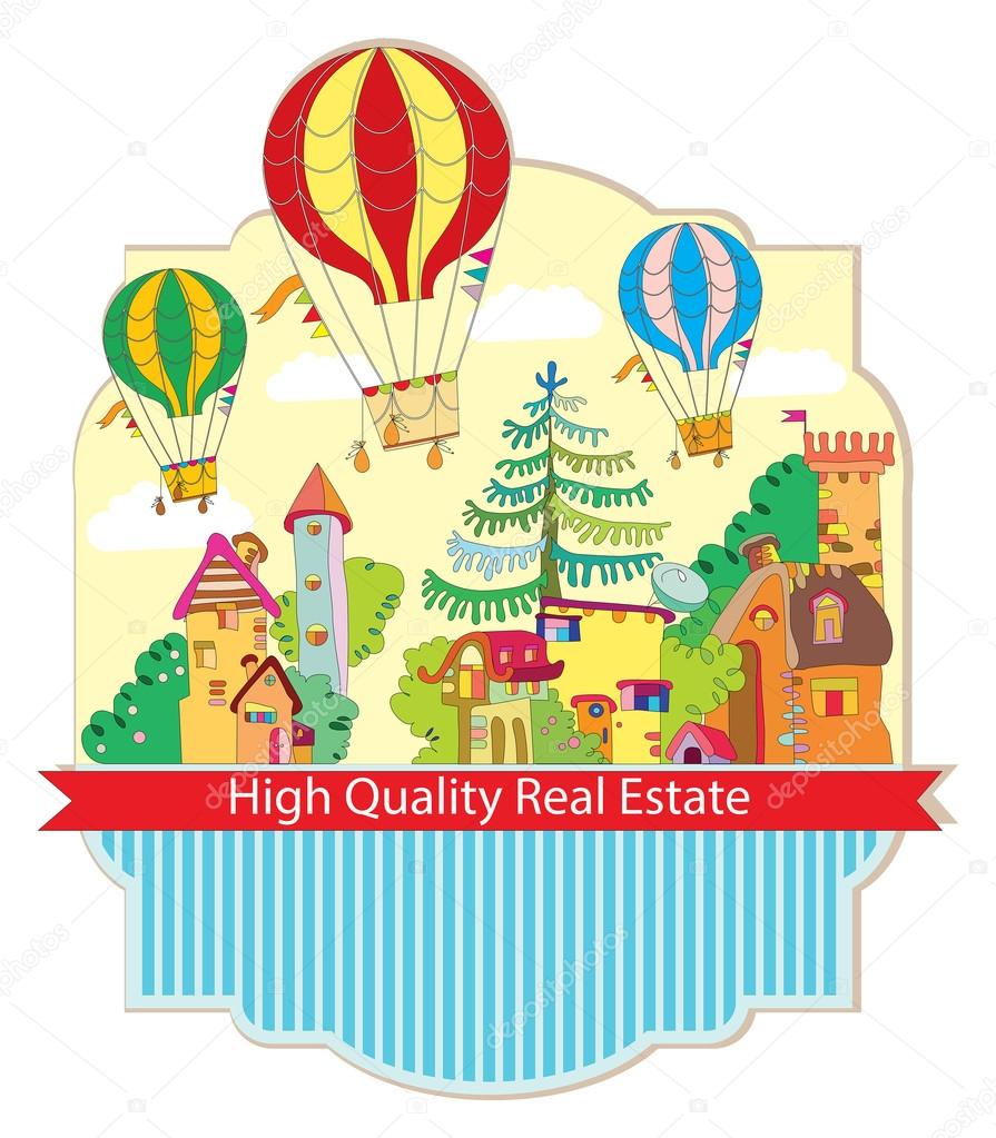 city town with hot air balloon card