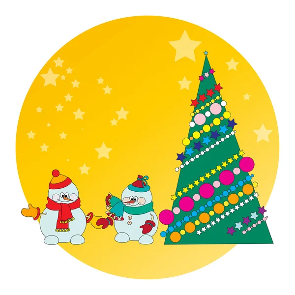 Muñeco de nieve y árbol de Navidad — Vector de stock