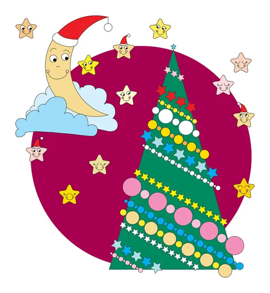 Croissant, arbre de Noël et étoiles — Image vectorielle