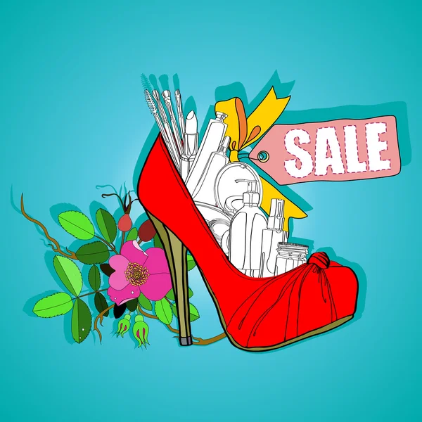 Affisch försäljning av kvinnors skor och kosmetika — Stock vektor