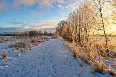 İsveç 'te karla kaplı tarlaların üzerinde gün doğumu