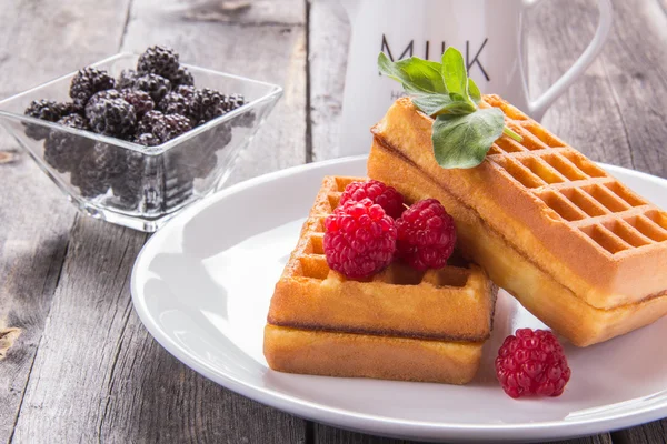 Belgian waffles with raspberries and mint for breakfast — Stock Photo, Image