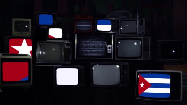 Drapeaux Cuba Sur Les Téléviseurs Rétro Ton Bleu Foncé Zoom — Video