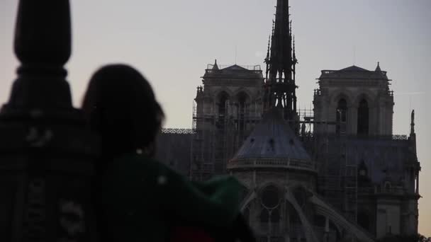 Kobieta Patrząca Katedrę Notre Dame Paris Zachodzie Słońca Paryż Francja — Wideo stockowe