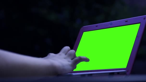 Mani Maschili Digitando Computer Portatile Con Schermo Verde Tono Serale — Video Stock